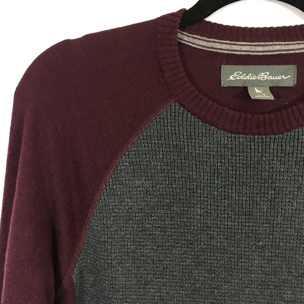Eddie Bauer Mens Waffle Knit Burgundy Gray Sweater